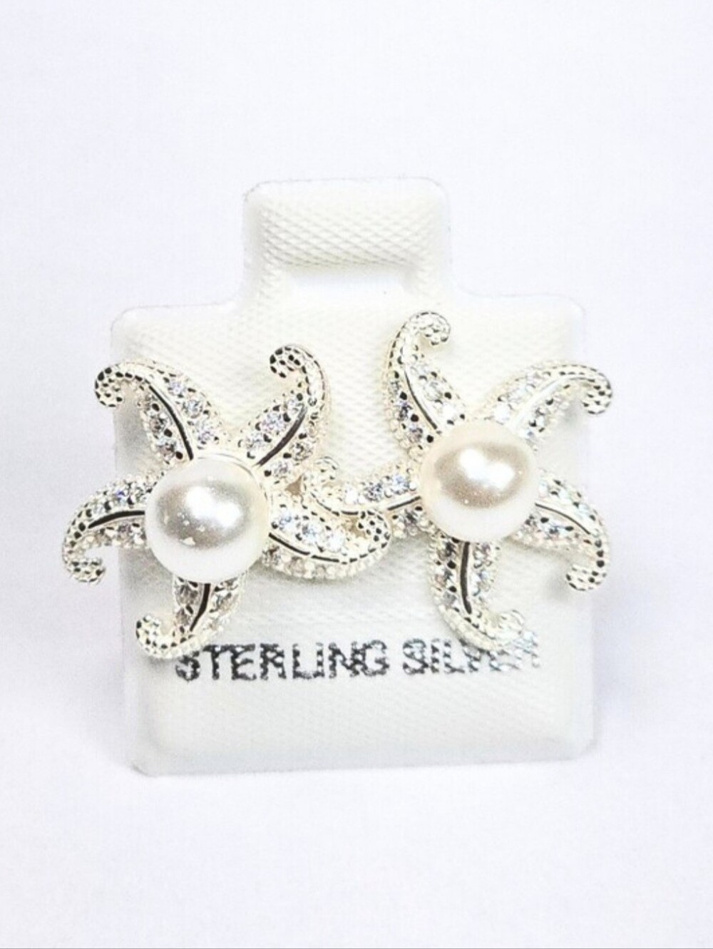 925 Sterling Silver Pearl Star Stud Earrings CZ Starfish Stud 16.5mm Elegant